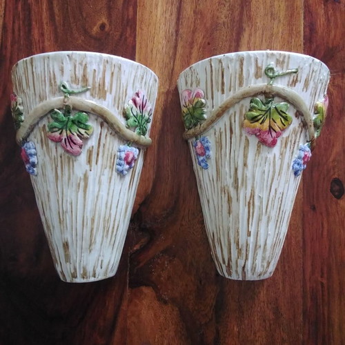 Rare wall vases used, pair from the 1950s, faience, 14 cm height