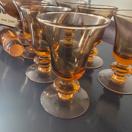 Vintage amber glass drink set with decanter and 6 glasses, 1970s