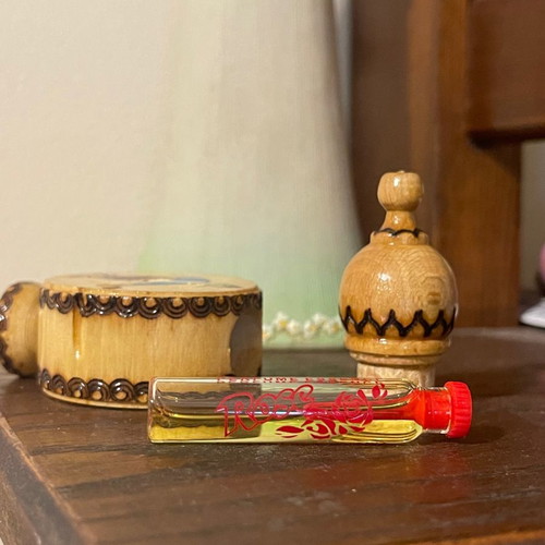 Vintage handmade wooden box with small Rosa mouth perfume used, traditional from Bulgaria