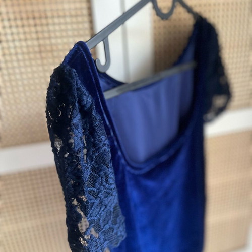 Chatton Velvet Bodysuit Blue New, Open Back with Lace Sleeves