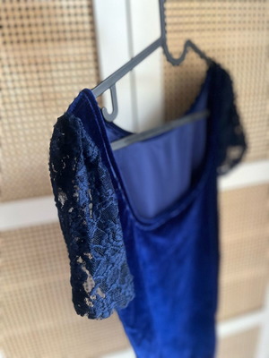 Chatton Velvet Bodysuit Blue New, Open Back with Lace Sleeves