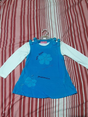 Blue baby girl dungaree dress with white long-sleeve shirt, size 2