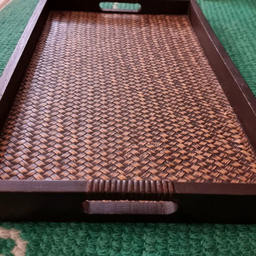 Handmade serving tray used with rattan and wood