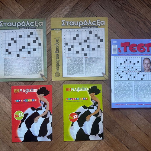 Crossword and Sudoku magazines used, including kakuro and Scandinavian puzzles