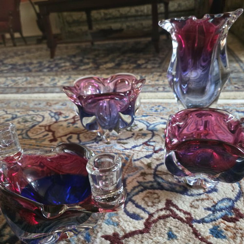 Vintage Art Glass Sommerso set in purple and blue shades like new