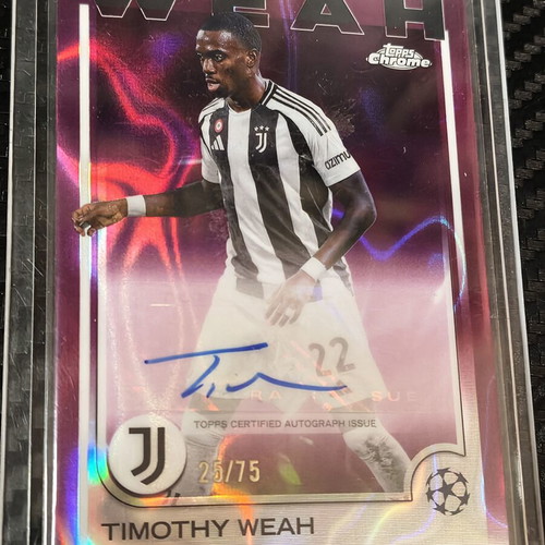2024-25 Topps Chrome UEFA Timothy Weah Base Auto Pink Wave /75 Juventus card