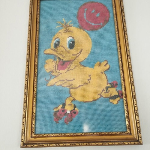 Premium vintage handmade Tweety embroidery in golden wooden frame, like new