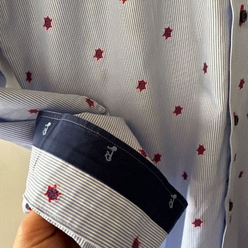 Men's shirt new striped with red turtles slim fit size L