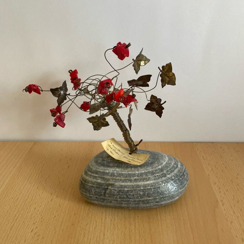 Handmade decorative tree with copper and beads on natural stone like new