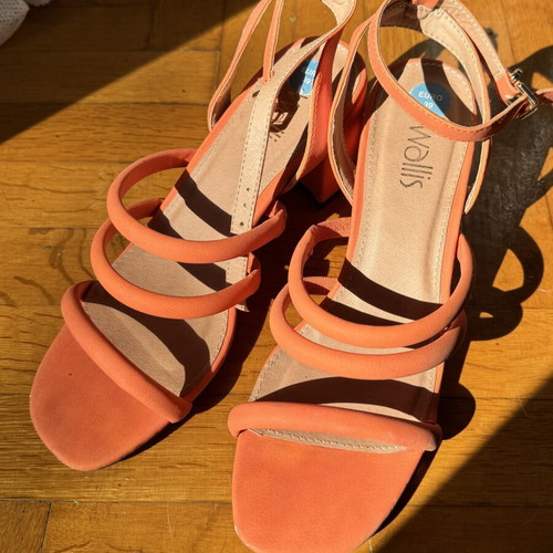 Classic orange block heel sandals used, strappy micro-strap design