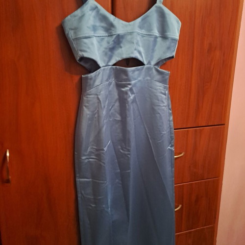 Mind Matter long dress with slit sky blue size small satin new