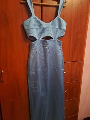 Mind Matter long dress with slit sky blue size small satin new