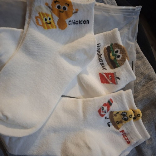 White ankle socks with embroidered fast food cartoon designs, new