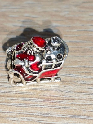 Silver Christmas Charm Sleigh with Santa and Red Enamel like new