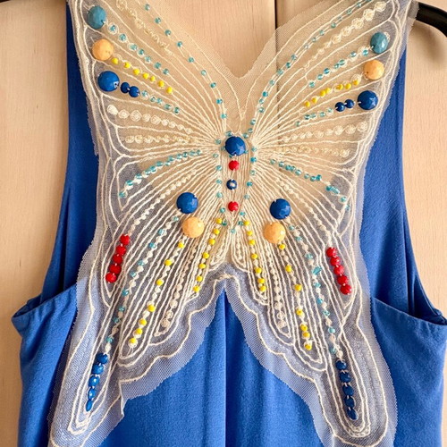 Raxevsky blue dress with embroidered butterfly back, like new, size M