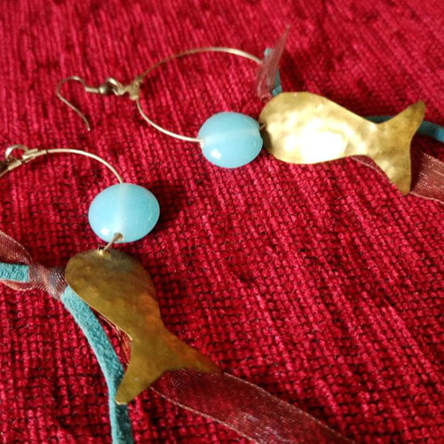Earrings with opalite and brass fish used