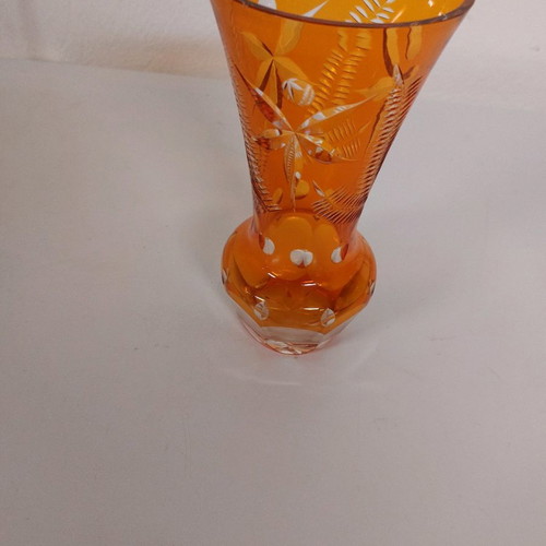 Bohemia vase used 22 cm orange crystal with tayé engraving