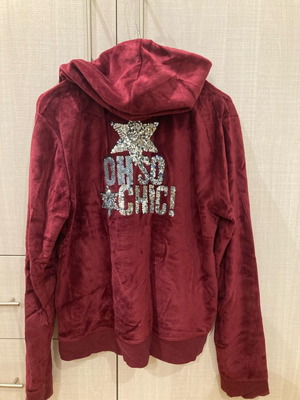 Walk burgundy velour jacket used with zipper and hood