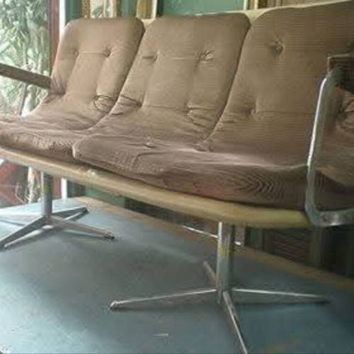 Three-seater sofa used with leatherette, corduroy fabric and metal legs