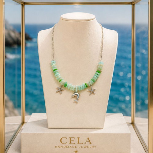 Handmade necklace with amazonite and coral semi-precious stones
