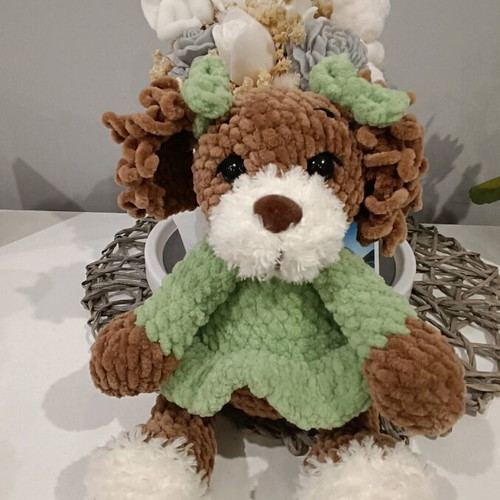 Handmade crocheted dog new with plush yarn and green dress