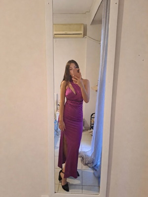 Maxi satin dress one shoulder with slit purple like new
