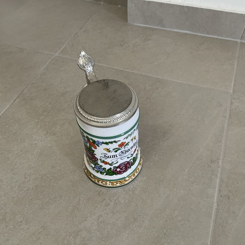 Vintage German Ceramic Beer Stein with Metal Lid used