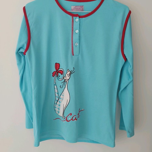 Women’s pajama shirt blue with cat design like new, size S