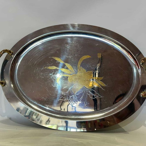 Vintage oval serving tray stainless steel 18/10 with 24K gold details used