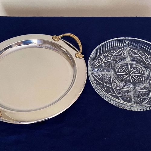 Crystal nut bowl 5 sections like new with Inox 18/10 tray and 24K handles