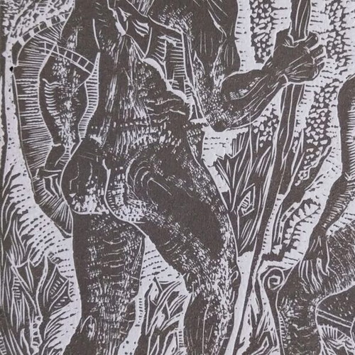 Linocut Samson and Delilah new religious artwork