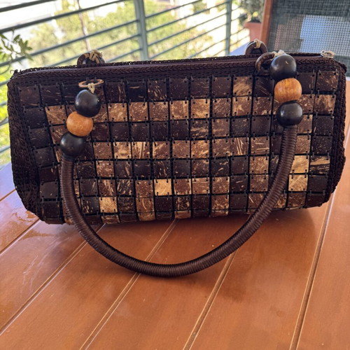 Vintage Boho Handbag Like New, Handmade With Wooden Flowers