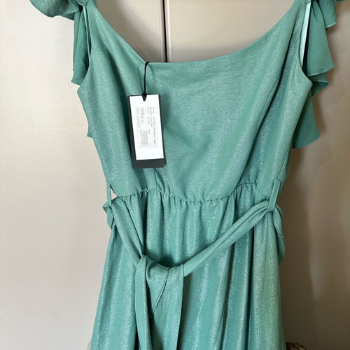 Smaragdi long dress with ruffles and waist tie new, turquoise