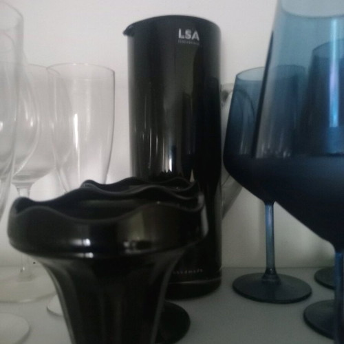 Stemmed wine and water glasses with jug, new, black, set of 12
