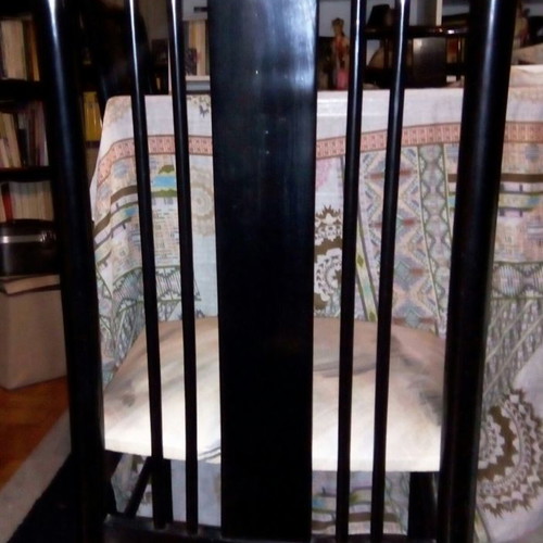 Dining set used, black lacquer with six chairs and glass table