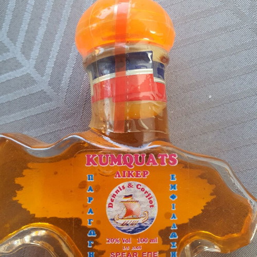 Kumquat liqueur Corfu in glass bottle shaped like women's boot new