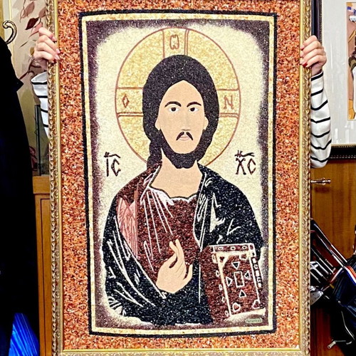 Christ Mosaic with Precious Stones, Handmade, New 66x95cm