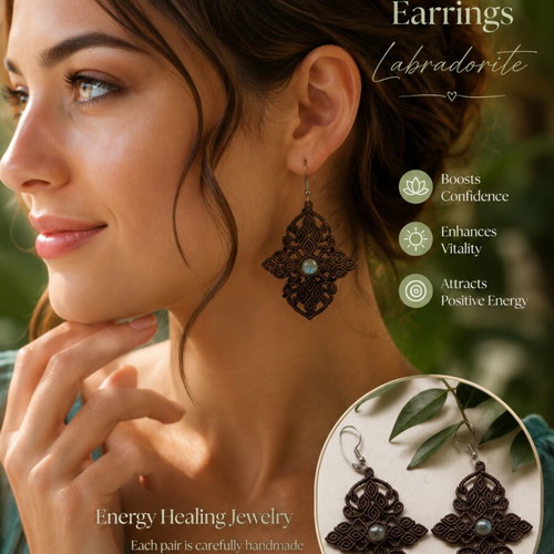 Macrame Earrings with Labradorite New Energy Healing Handmade
