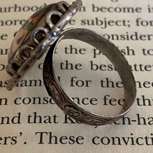 Handmade adjustable antique silver ring with Alfons Mucha art detail