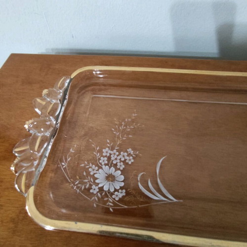 Glass serving platter used with gold handles and painted flowers