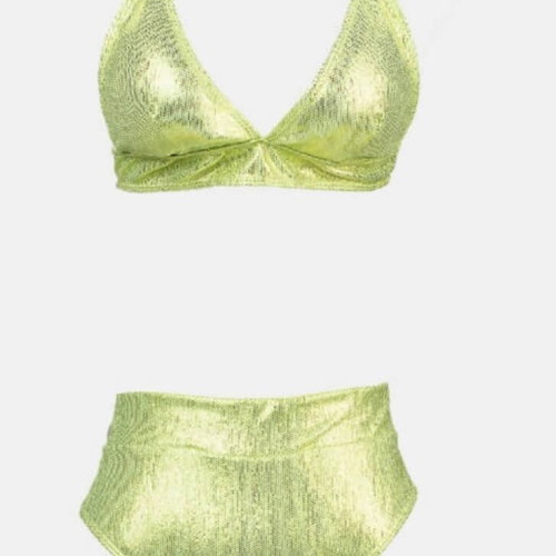 Metallic high-waisted bikini set like new, iridescent green
