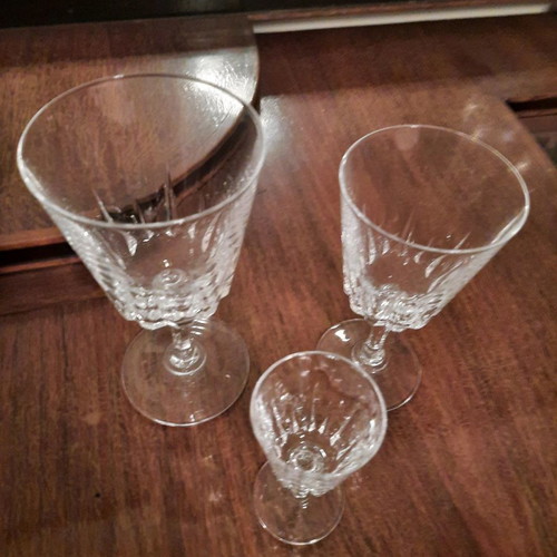 Crystal glassware set used with 11 water glasses, 12 wine glasses, 12 liqueur glasses