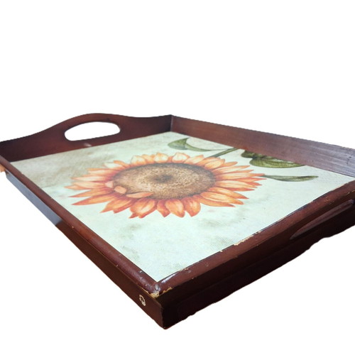Vintage wooden tray with sunflower rustic decor used