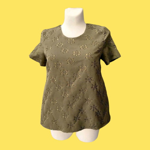 Rococo blouse new with gold flowers, size S, khaki