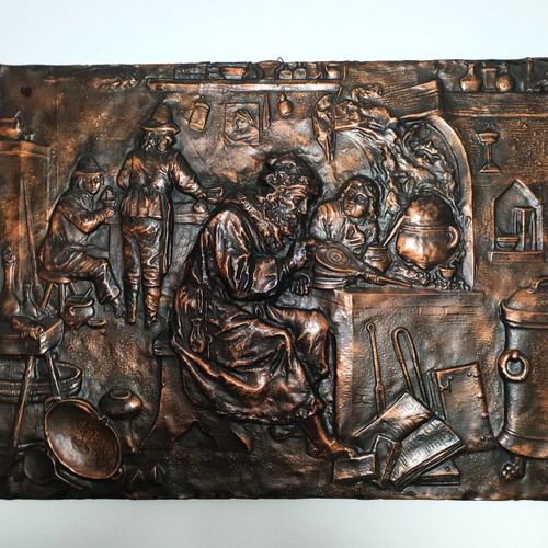 Copper plaque like new with alchemy workshop scene 61x45cm