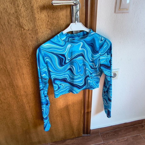 Shein Cyan Crop Top with Unique Pattern, Polyester