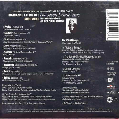 Marianne Faithfull The Seven Deadly Sins CD used