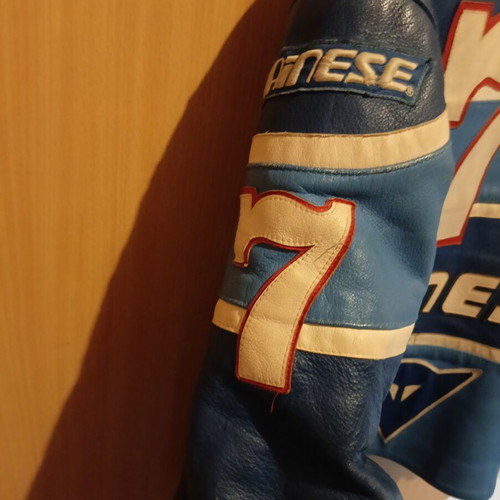 Dainese leather motorcycle jacket used with elbow protectors and zipper