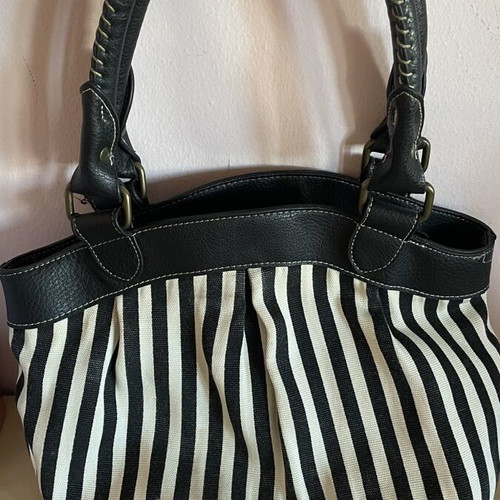 Oasis Handbag like new, black and white striped canvas with bronze details