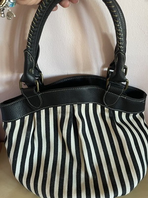 Oasis Handbag like new, black and white striped canvas with bronze details
